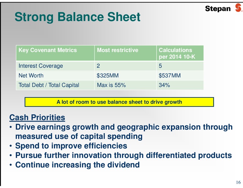 JUNE 2015 INVESTOR PRESENTATION – Stepan Company – slide 16