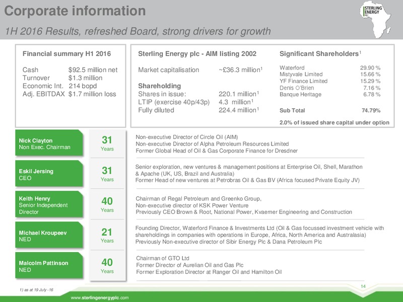 July 2016 Corporate Presentation – Sterling Energy – slide 13