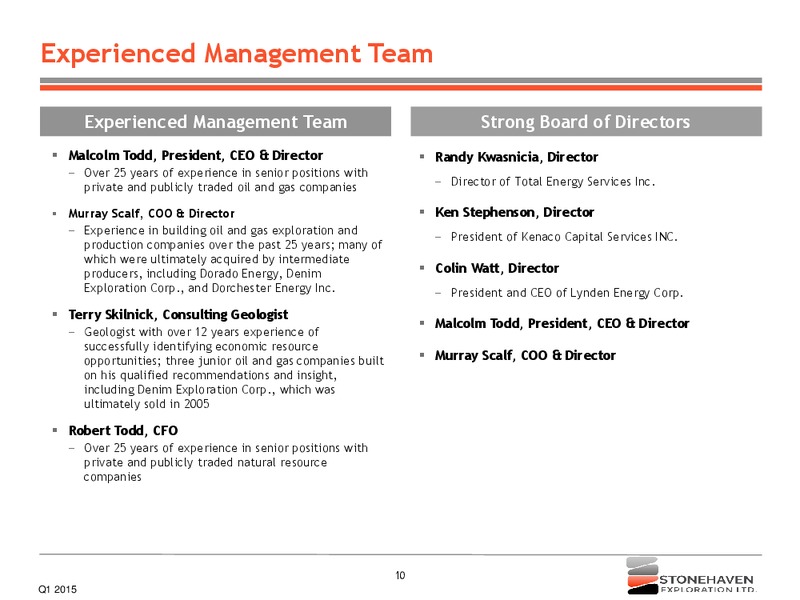 Q1 2015 – Stonehaven Exploration Ltd. – slide 10
