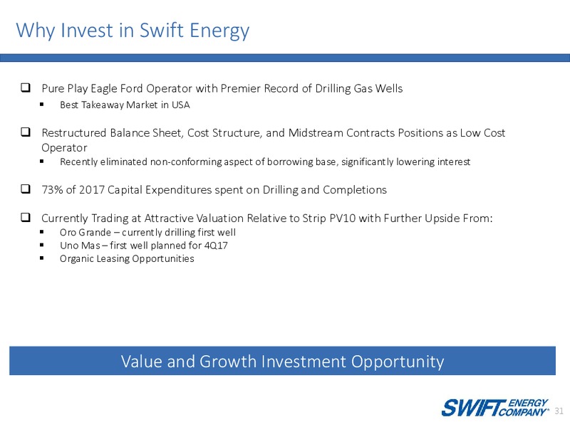 Q1 2017 Corporate Presentation – Swift Energy Co. – slide 30