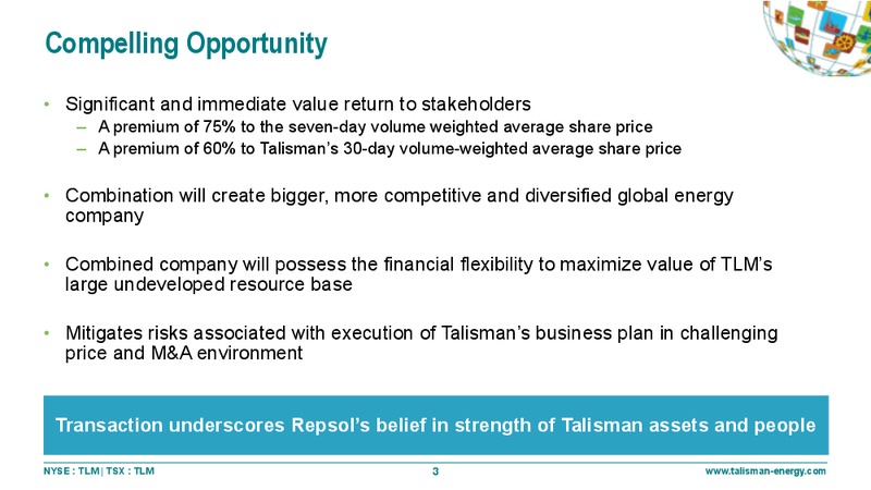 REPSOL ACQUISITION OF TALISMAN ENERGY – Talisman Energy Inc. – slide 3