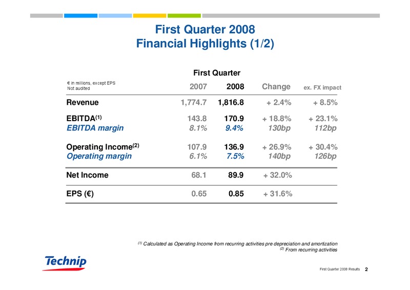 Q1 2008 RESULTS – Technip – slide 2