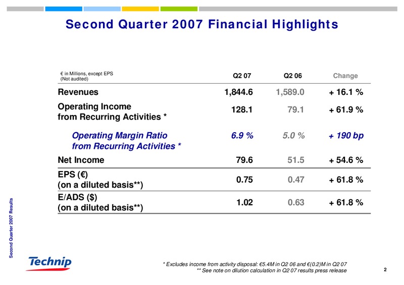 Q2 2007 RESULTS – Technip – slide 2