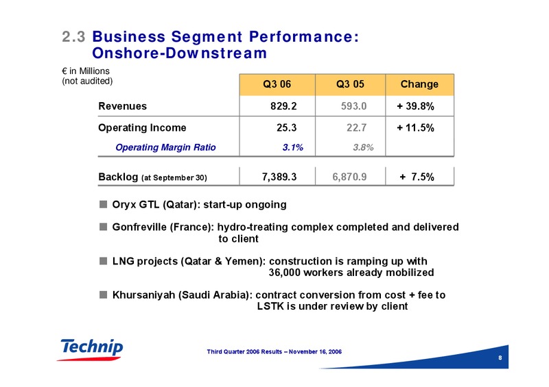 Q3 2006 RESULTS – Technip – slide 8
