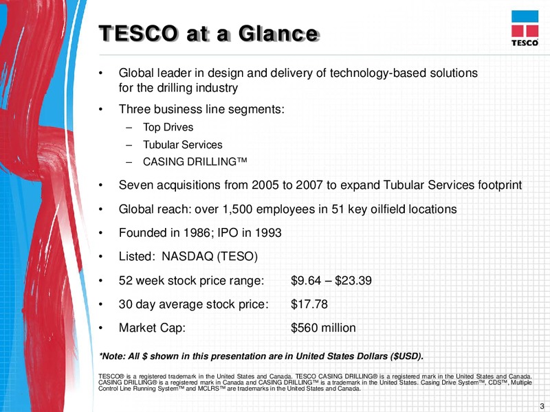 CEO ENERGY POWER CONFERENCE – Tesco Corporation – slide 2