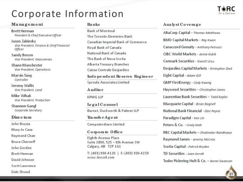 January 2019 Corporate Presentation – TORC Oil & Gas Ltd. – slide 27