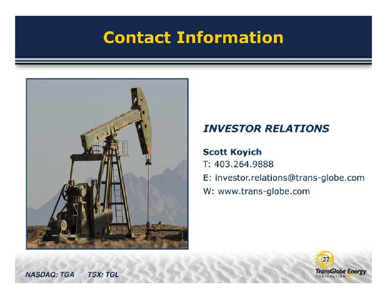 GLOBAL ENERGY CONFERENCE – Transglobe Energy Corporation – slide 27