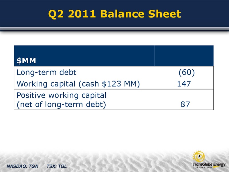 Q2 2011 EARNINGS CALL – Transglobe Energy Corporation – slide 4