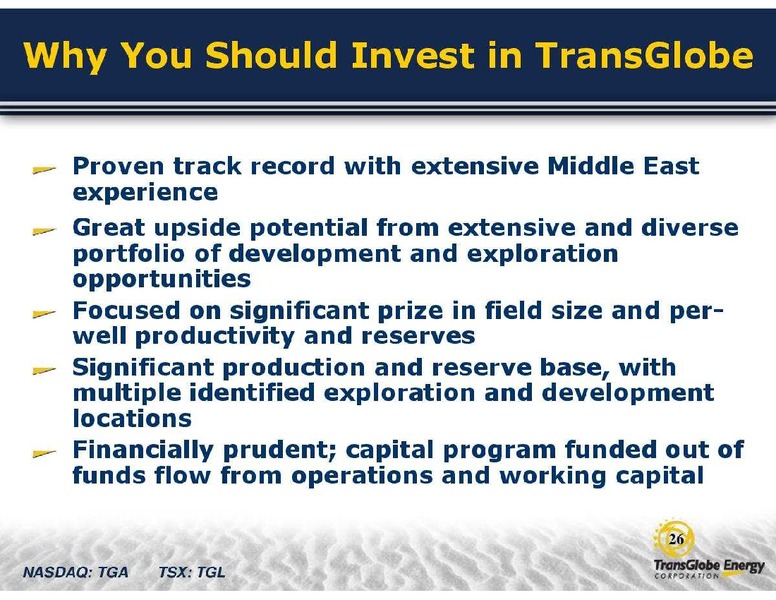 GLOBAL ENERGY CONFERENCE – Transglobe Energy Corporation – slide 26