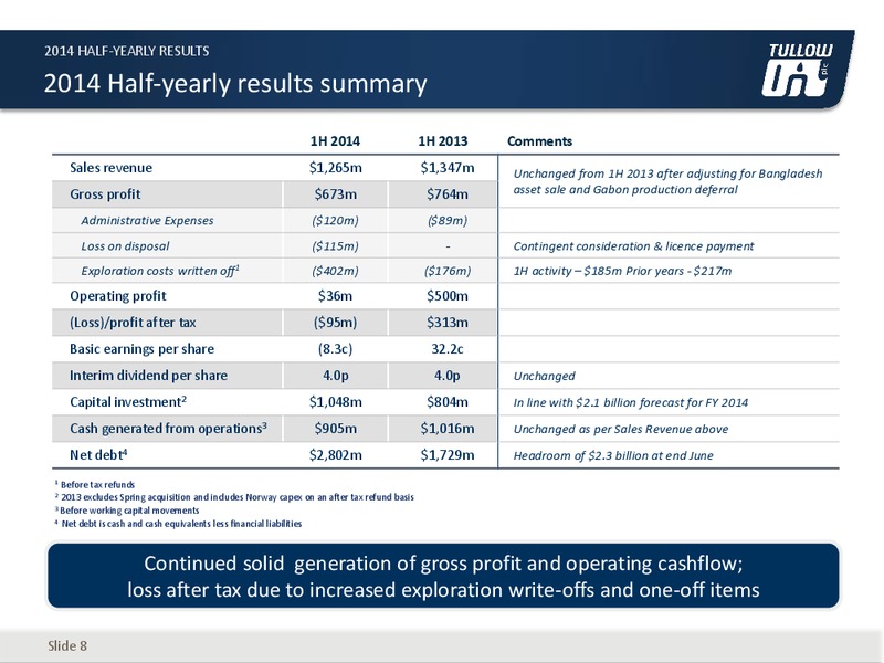 H1 2014 EARNINGS CALL – Tullow Oil Plc – slide 7