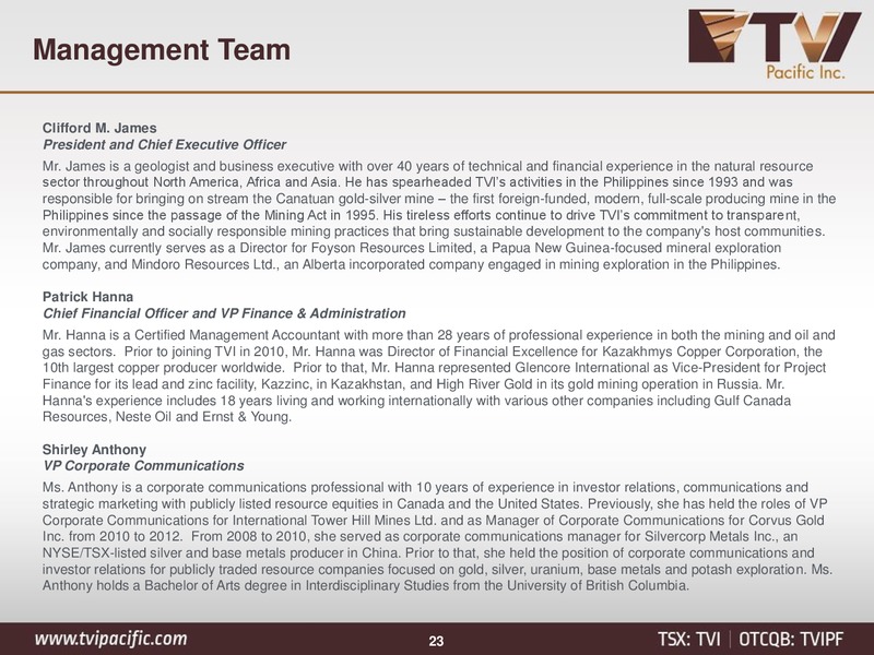 June 2015 Corporate Presentation – Tvi Pacific Inc – slide 22