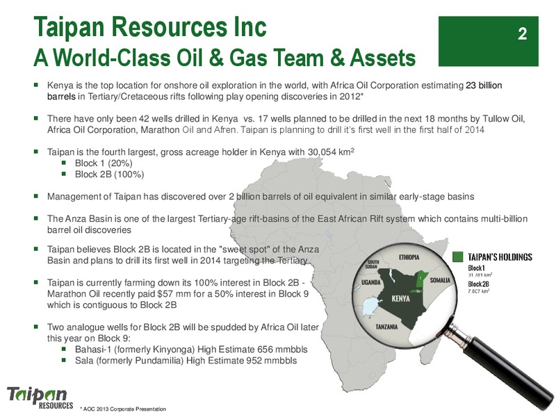 Extracts from CORPORATE PRESENTATION – Taipan Resources – slide 2
