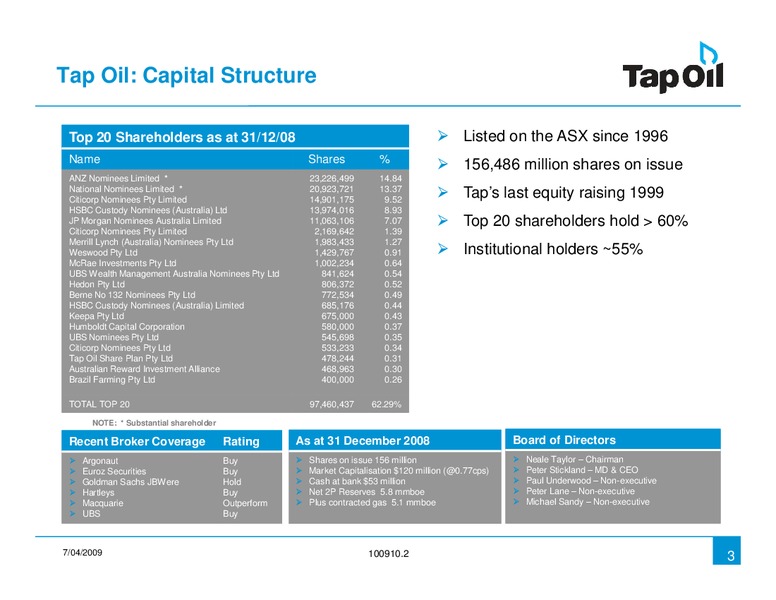 April 2009 Investor Presentation – Tap Oil – slide 2