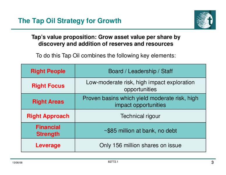 Investor Presentation Update – Tap Oil – slide 3