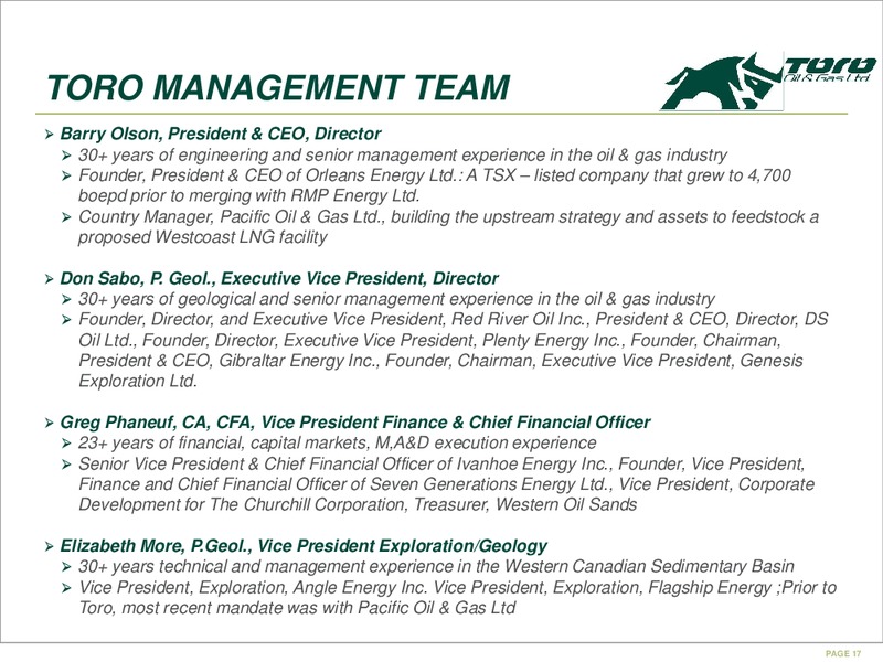 MAY 2015 CORPORATE PRESENTATION – Toro Oil and Gas Ltd – slide 17