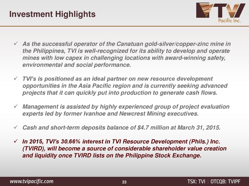 JUNE 2015 INVESTOR PRESENTATION – Tvi Pacific Inc – slide 21