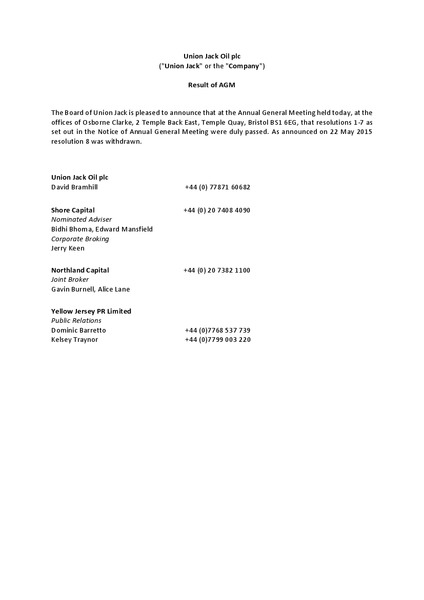 MAY 2015 ANNUAL GENERAL MEETING – Union Jack Oil Plc – slide 1