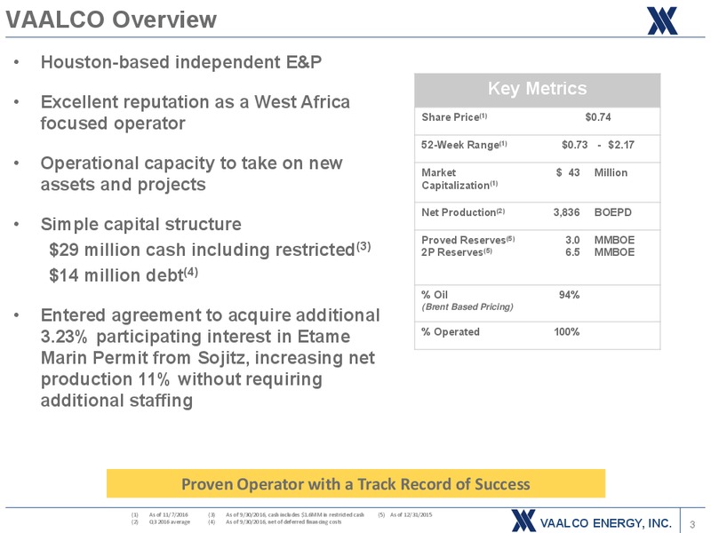November 2016 Investor Presentation – Vaalco Energy Inc. – slide 2
