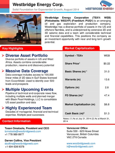 Investor Presentation – Westbridge Energy – slide 1