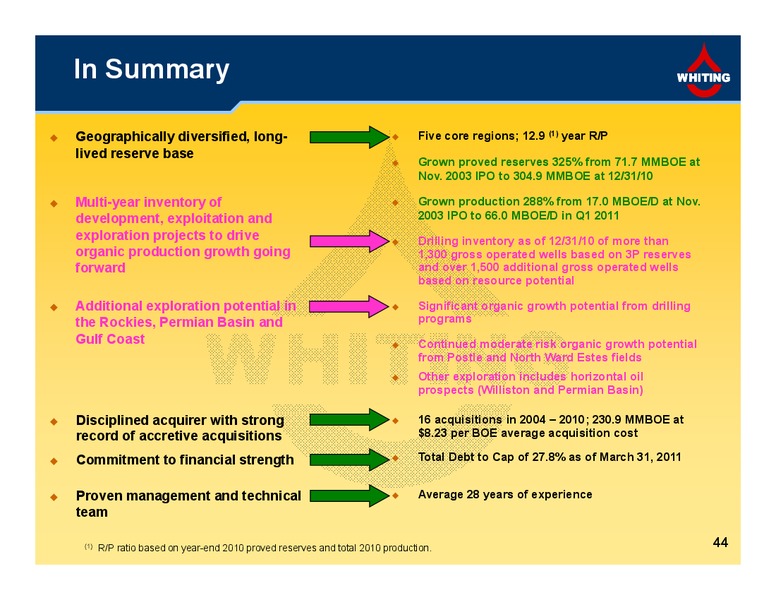 1Q 2011 Financial and Operating Results – Whiting Petroleum Corp. – slide 44
