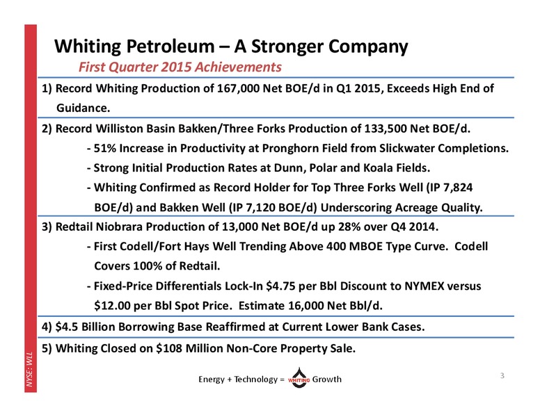 Q1 2015 EARNINGS CALL – Whiting Petroleum Corp. – slide 2