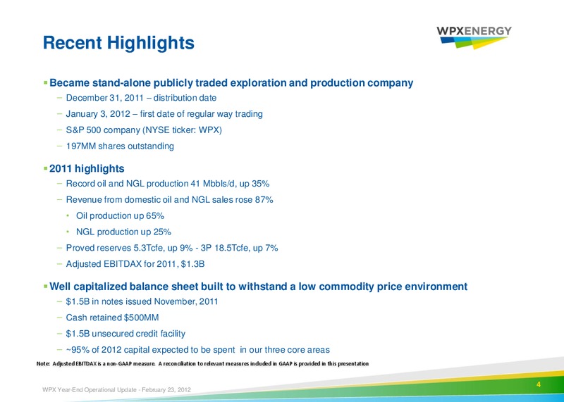 2011 Year End Operational Update – WPX Energy, Inc. – slide 2