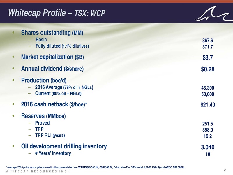 September 2016 Corporate Presentation – Whitecap Resources Inc. – slide 2