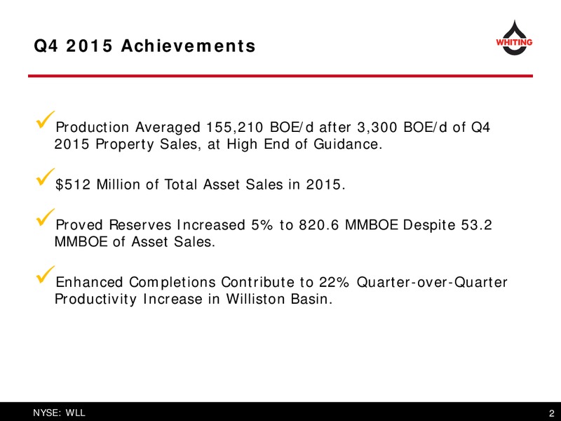 April 2016 Corporate Presentation – Whiting Petroleum Corp. – slide 2