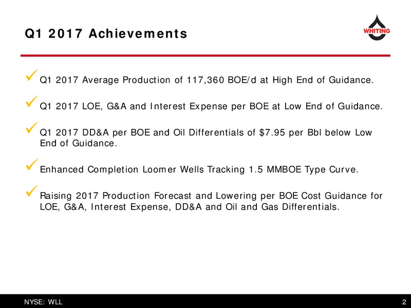 June 2017 Corporate Presentation – Whiting Petroleum Corp. – slide 2
