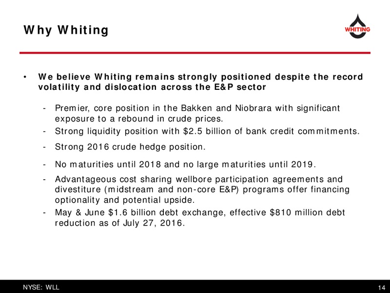 Q2 2016 Earnings Presentation – Whiting Petroleum Corp. – slide 14