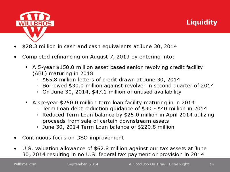 DA DAVIDSON 13TH ANNUAL ENGINEERING AND  CONSTRUCTION CONFERENCE – Willbros Group, Inc – slide 17