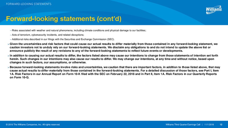 3Q 2018 Earnings Presentation – Williams Companies, Inc. – slide 10