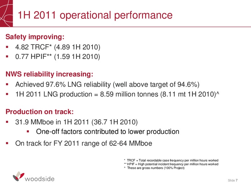 2011 HALF YEAR RESULTS BRIEFING – Woodside Petroleum Ltd. – slide 6