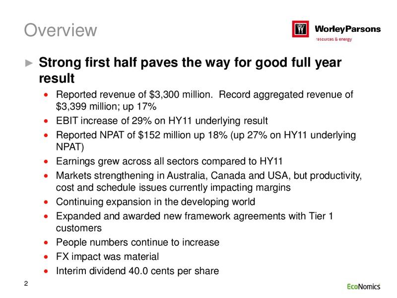 H1 2012 RESULTS – WorleyParsons Limited – slide 2