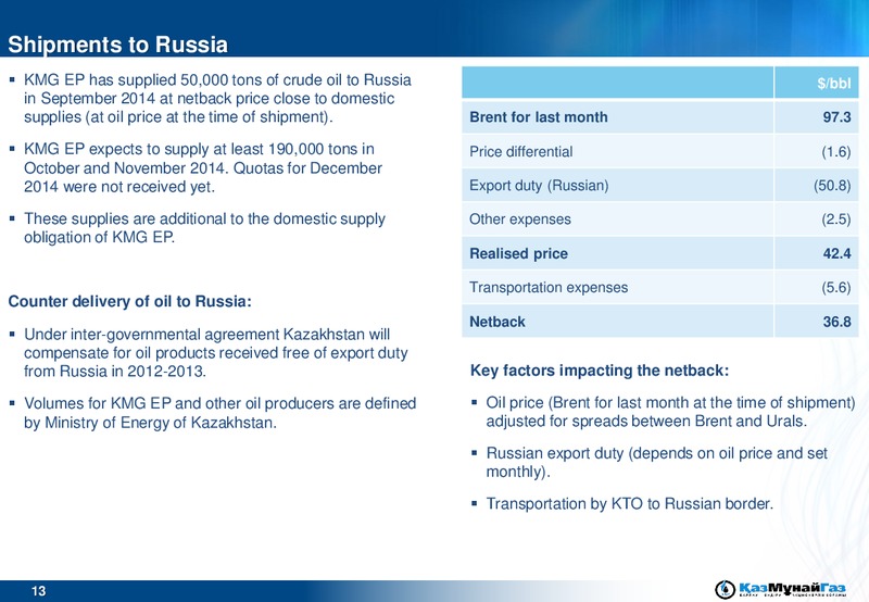 BAML Russia CIS Conference and GoldmanSachs GNR Conference – Kazmunaigas Exploration Production – slide 13